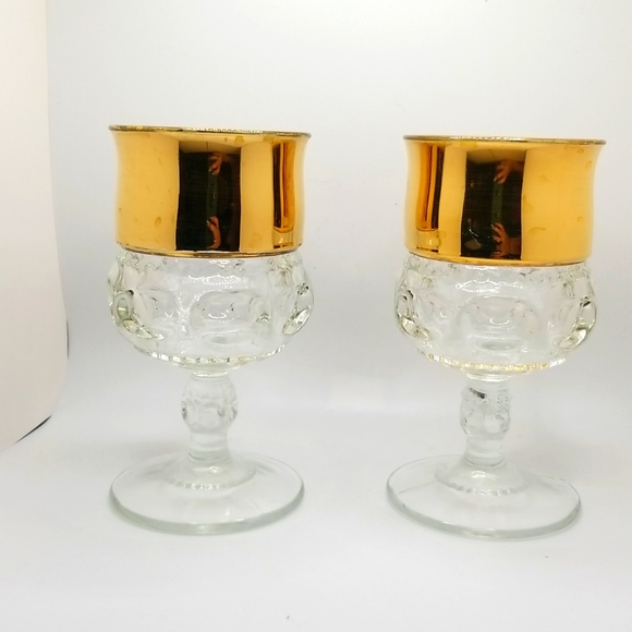 Vintage Midcentury 50's 60's Gold Lined Footed Wine Glass Goblets Set of 2